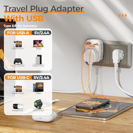 UK to European Plug Adapter 2 Pack, Schuko Grounded Euro EU Plug Adapter with 2 USB Ports (1 USB C), for Most of Europe Spain Germany France Iceland Poland Russia and More (Type E F) White