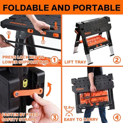 PONY 2-in-1 Folding Workbench, 227 kg Work Bench & 454 kg Saw Horse, 6 Adjustable Height Portable Work Table4 Quick Clamps, 4 Clamp Dogs & Tool Tray, 79 x 89 x 63.5 cm