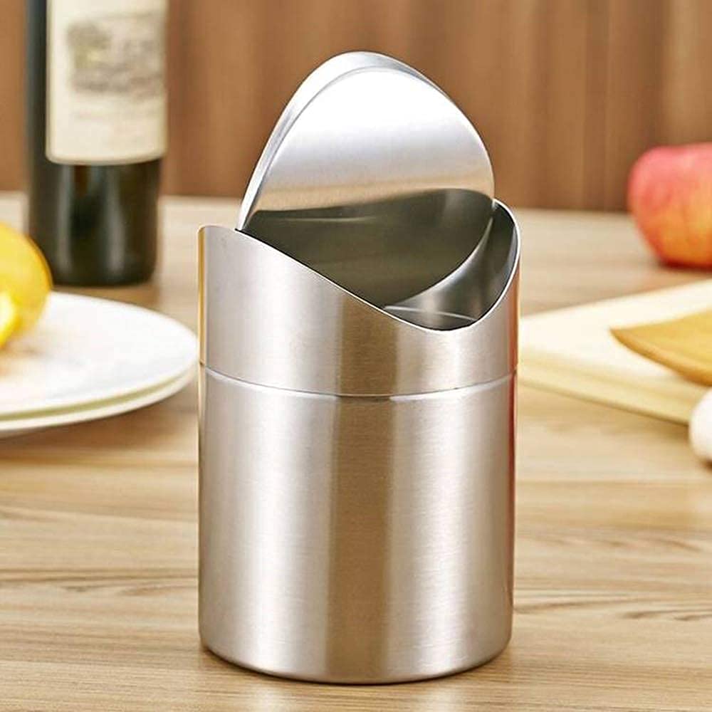 ETRAVEL Mini Desktop Bin with Lid, Brushed Stainless Steel Swing Bin, Nappy Bin Small Desk Indoor Dust bins Car Bathroom Kitchen Waste Containers
