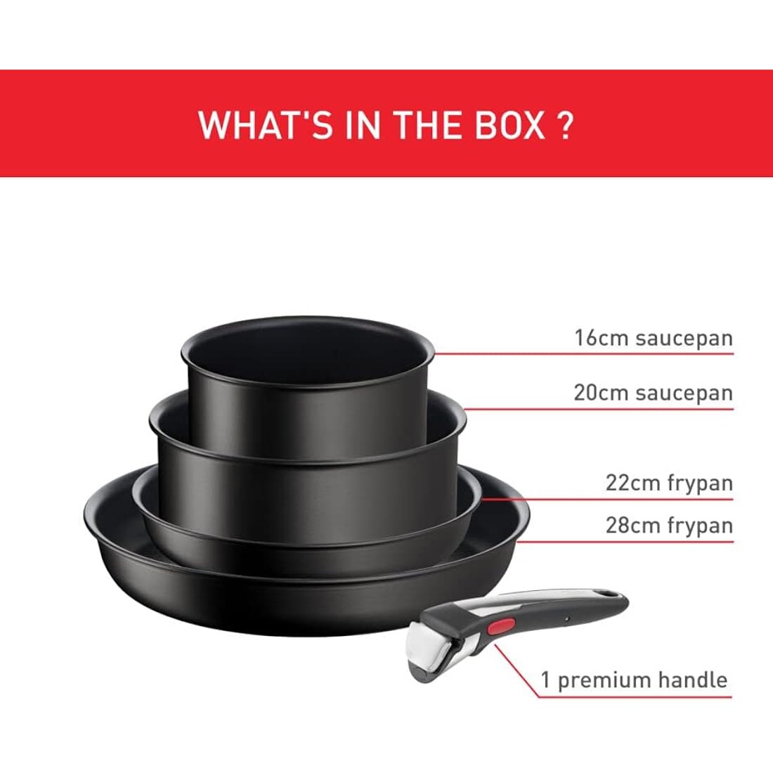 Tefal Ingenio Unlimited ON 5 Piece Non-Stick Induction Pan Set, 22&28 cm Frying Pans, 16&20 cm Saucepans, 1 Bakelite Removable Handle, Easy Cleaning, Heat Indicator, Black, L3959543
