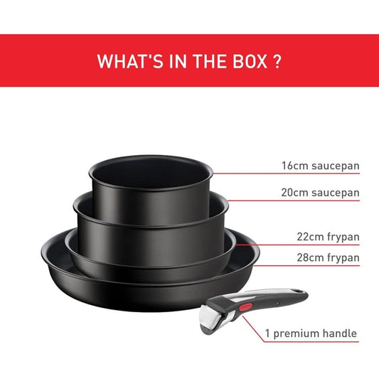 Tefal Ingenio Unlimited ON 5 Piece Non-Stick Induction Pan Set, 22&28 cm Frying Pans, 16&20 cm Saucepans, 1 Bakelite Removable Handle, Easy Cleaning, Heat Indicator, Black, L3959543