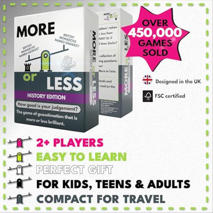 More or Less History Edition Card Game | 2 Players + | Travel & Pocket Card Game for Kids, Teens & Adults | Play Anywhere