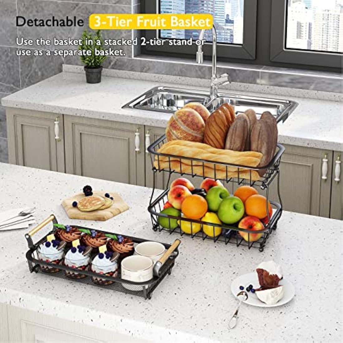 ANTOPY 3 Tier Fruit Basket with 2 Banana Hangers, Countertop Vegetable Bowl Kitchen Counter Metal Mesh Fruits Stand Produce Holder Organizer Onion Potato Bread Snack Veggie, Black