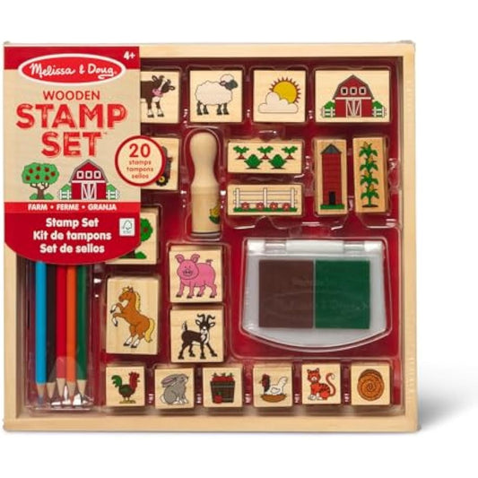 Melissa & Doug Stamp-a-Scene Farm, 20 Wooden Stamps with 2-Color Ink Pad & 5 Colored Pencils, Creative Arts & Crafts Toy for Kids Age 4+