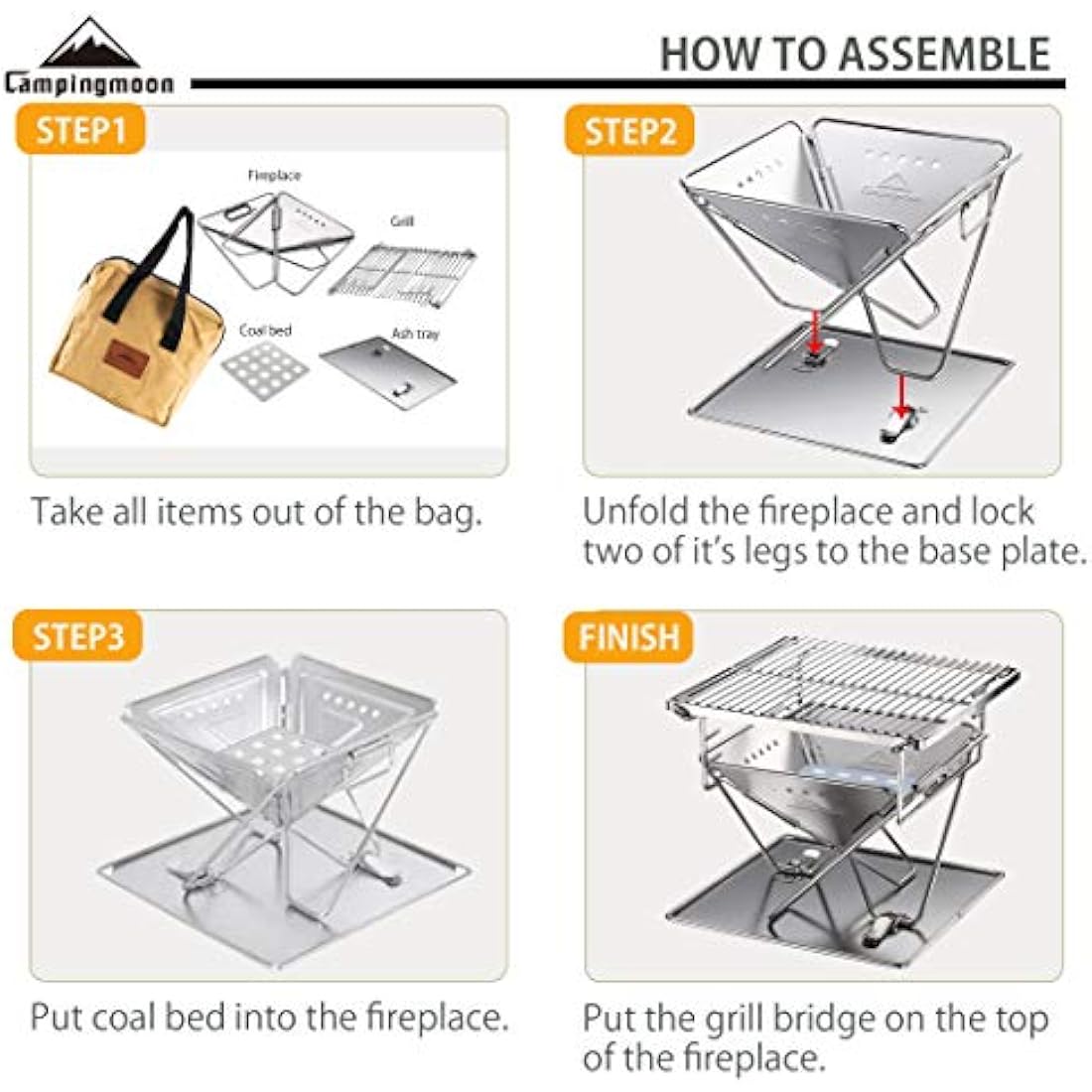 Campingmoon Tabletop Small Charcoal Grill Mini Portable Fire Pit 24.5 cm Stainless Steel with Carry Bag X-MINI-PRO