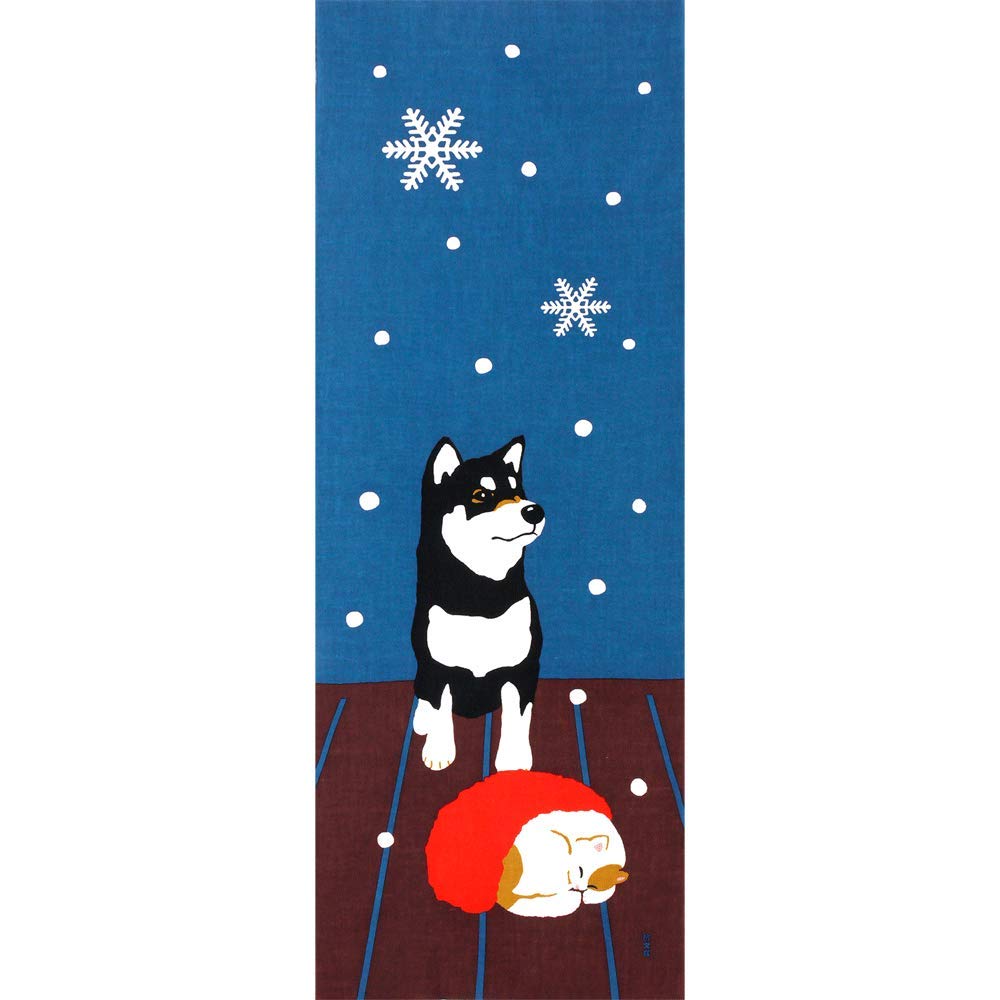 Hamamonyo Nassen Tenugui Towel Kuro-Shiba with Snow