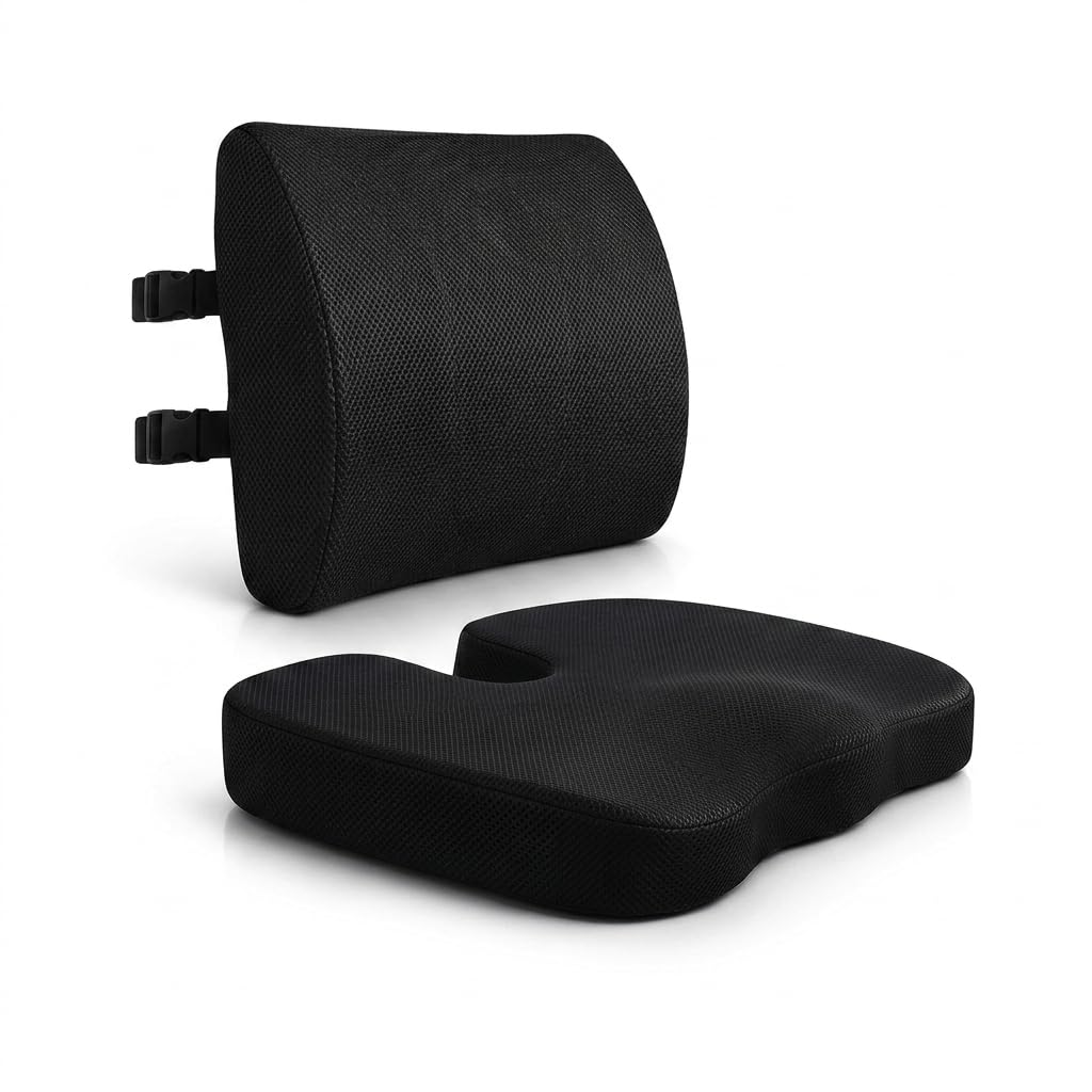 ELIXIR HIVE 2-Piece Orthopaedic Memory Foam Cushion Set – Coccyx & Sciatica Support Black