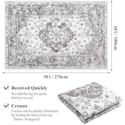 Enyhom Vintage Living Room Rug, 180 x 270cm Large Shaggy Soft Bedroom Area Carpet Rug Non Slip Short Pile Floor Mat Washable Distressed Kitchen Area Rug for Dining Room, Vintage Grey