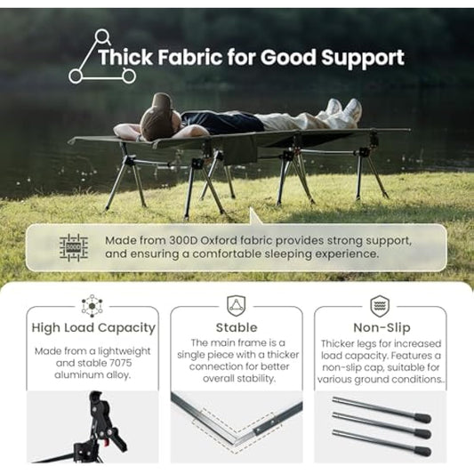 OneTigris SUPRANUBIS Camping Cot, Height Adjustable with Cot Leg Extenders, Strong Support 330lbs, Portable Folding Bed for Camping, Hiking, Travel, Truck, Beach, Office Nap Ranger Green