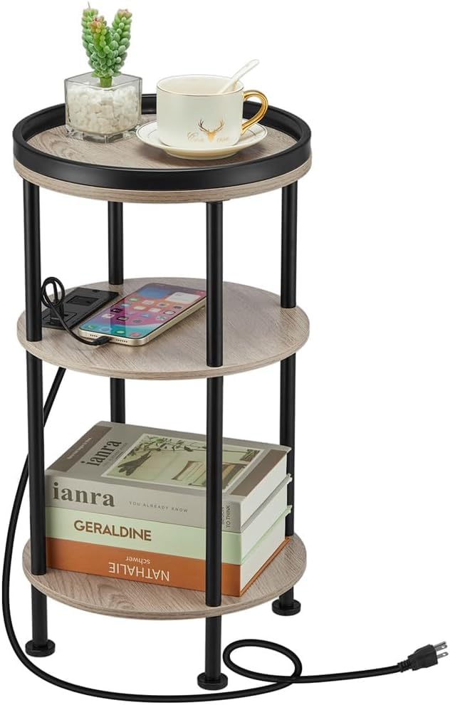 YEAKOO Nordic End Table, 3-Tier 30cm Round Side Table with Storage Shelf Edge Protection Tray