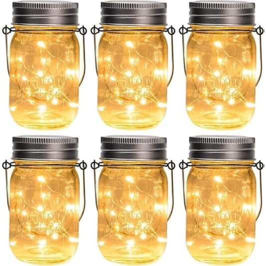 GIGALUMI Hanging Solar Mason Jar Lights, 6 Pack 30 Led Lanterns. Great Outdoor Decor for Patio Garden, Yard and Lawn, Warm White