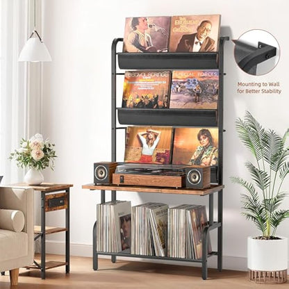 Bikoney Vinyl Record Storage Cabinet - Turntable Stand with Record Holder, Vinyl Wall Mount for up to 300 Albums, Display Shelf Bigger Storage