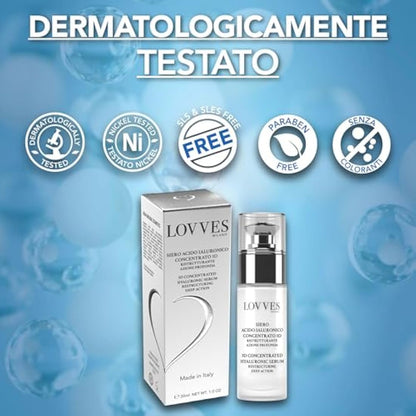 LOVVES 3D Concentrated Hyaluronic Acid Serum, High Natural Cosmetics, Restructuring Deep Action, Anti-Aging, Anti-Wrinkle, Moisturizing, Format 30ml Glass Bottle