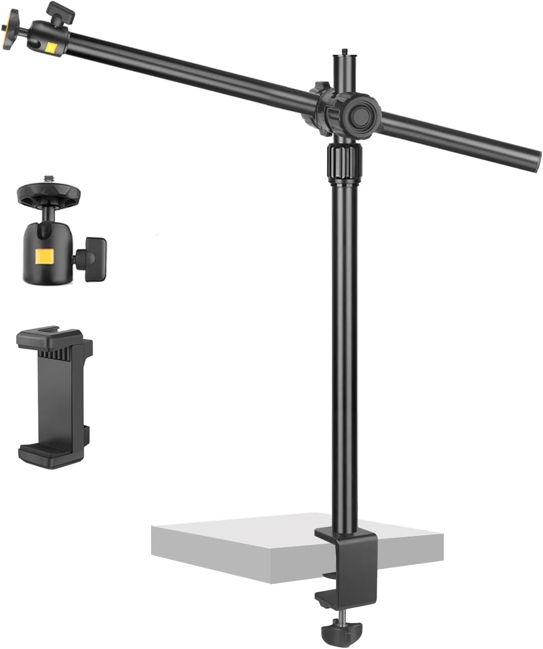 JEBUTU OS02 Camera Desk Mount with Flexible Overhead Phone Arm, 31-57cm Adjustable Desk Tripod with C-clamp, Phone Clamp and 1/4" Ball Head for