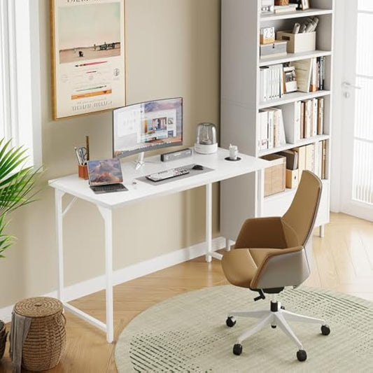 Grandder 100 cm Computer Desk, Small Home Office Desk Study Writing Kid Table, Simple PC Work Desk, Adjustable Feet, White