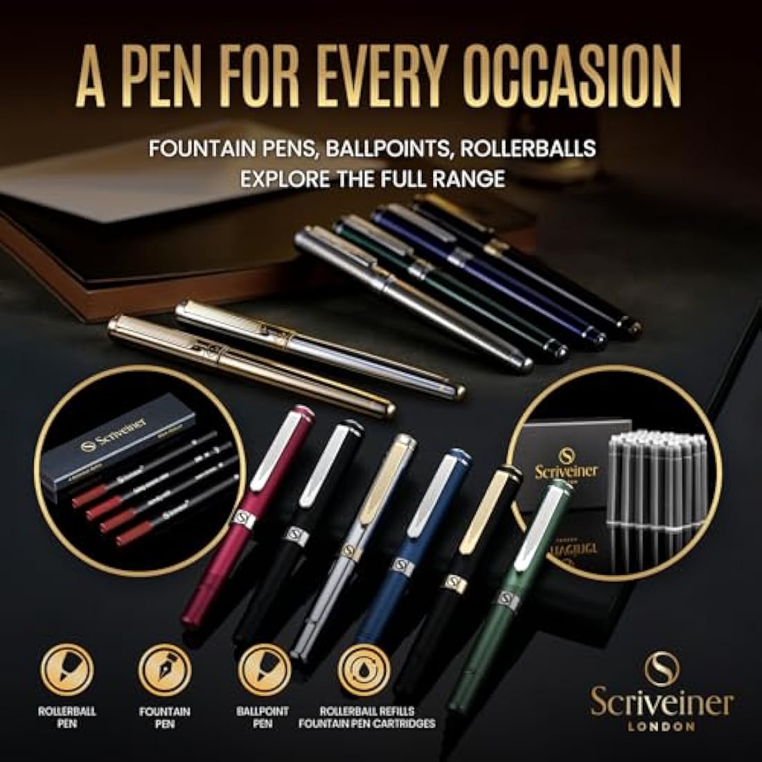Scriveiner Silver Chrome Fountain Pen - Stunning Luxury Pen, Real Gold Plating, Schmidt Gilded Nib (Fine), Best Pen Gift Set for Men & Women Professional Executive Office Fancy Nice Designer Pen