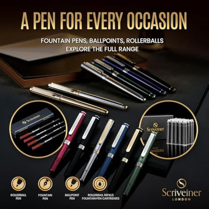 Scriveiner Silver Chrome Fountain Pen - Stunning Luxury Pen, Real Gold Plating, Schmidt Gilded Nib (Medium), Best Pen Gift Set for Men & Women, Professional, Executive Office, Nice Designer Pens