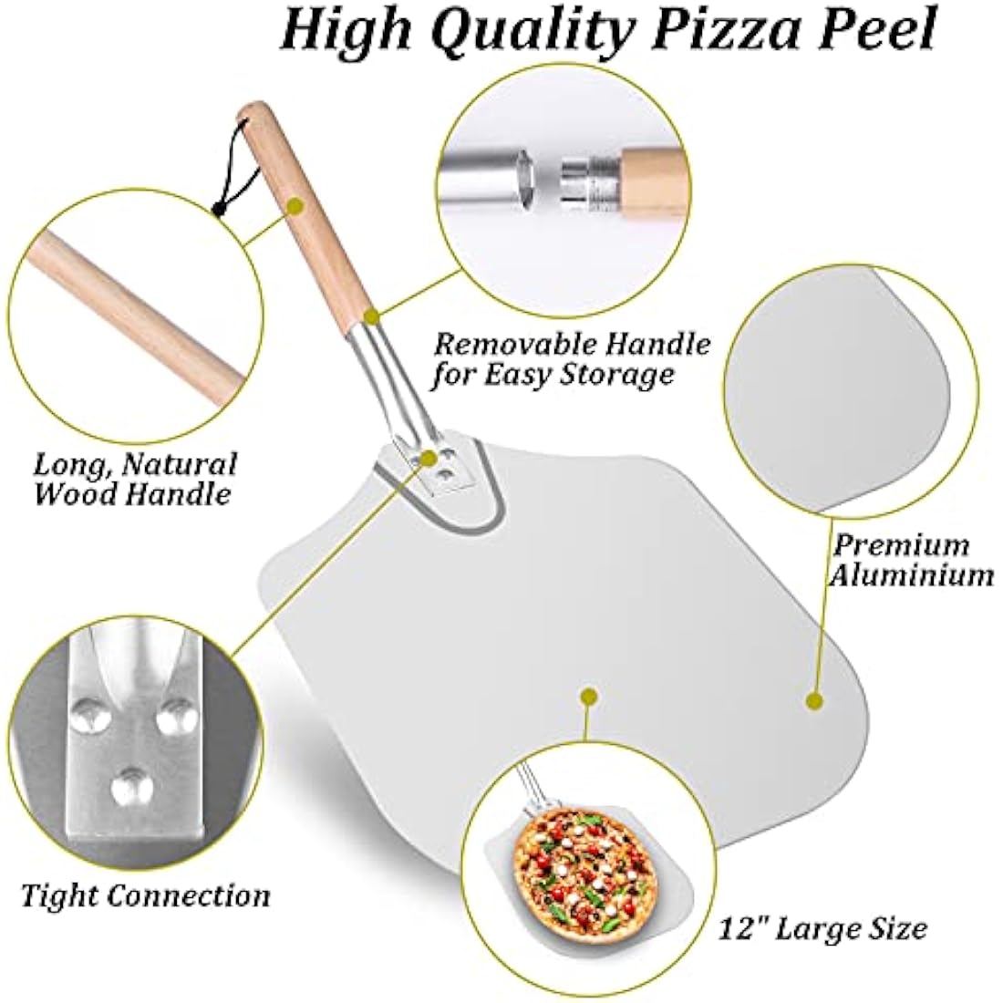 Sinbury Pizza Peel Tools Set, 5 PCS Pizza Making Tool Kit, Including 12 Inch Pizza Paddle, Rocker Cutter, Spatula, Cutter, Food Clip,