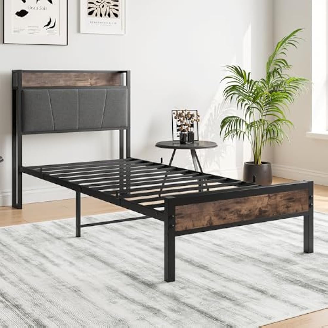 BORPHOM 3ft Single Bed Frame with Storage Headboard,Heavy Duty Metal Upholstered Platform Bed Frame,Mattress Foundation/Strong Steel Slat Support/Under-bed Storage/Easy Assembly