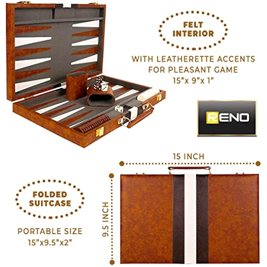 RENO Backgammon Set-15 Inch Elegant Leather Backgammon Sets - Backgammon set for Adults and Kids -Travel Backgammon -Garden games-Board games for 2