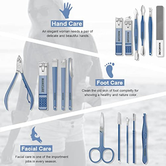Manicure Set Professional Nail Clippers Pedicure Kit, 16 pcs Stainless Steel Nail Care Tools Grooming Kit with Luxurious Travel Leather Case for Thick Nails Men Women Gift (Blue)