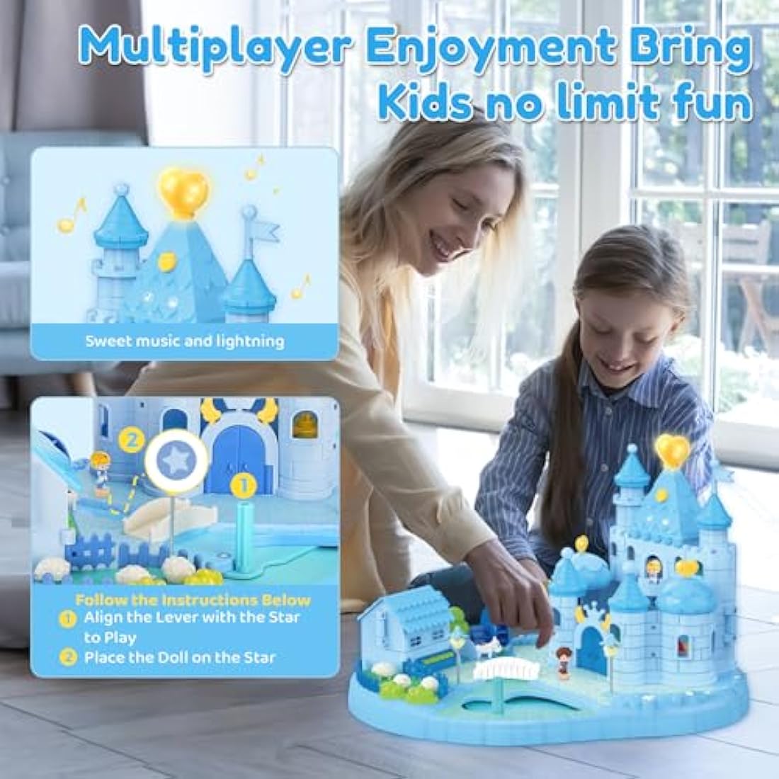 fygurso Dream Princess Castle Playset with 2 Magnetic Control Movable Little People Toys, Magnetic Doll House Building Toys with Light & Music for Pretend Play, Gift for Girls Toy Kids ages 6+