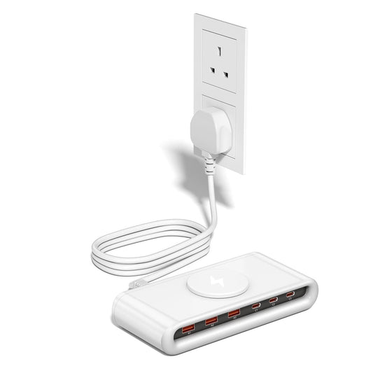 6 Port USB C Charging Station with 10W Magnetic Wireless Charger, 145W Desktop Power Hub, QC3.0 & PD45W Fast Charge for iPhone 16/15/14,iPad, Samsung