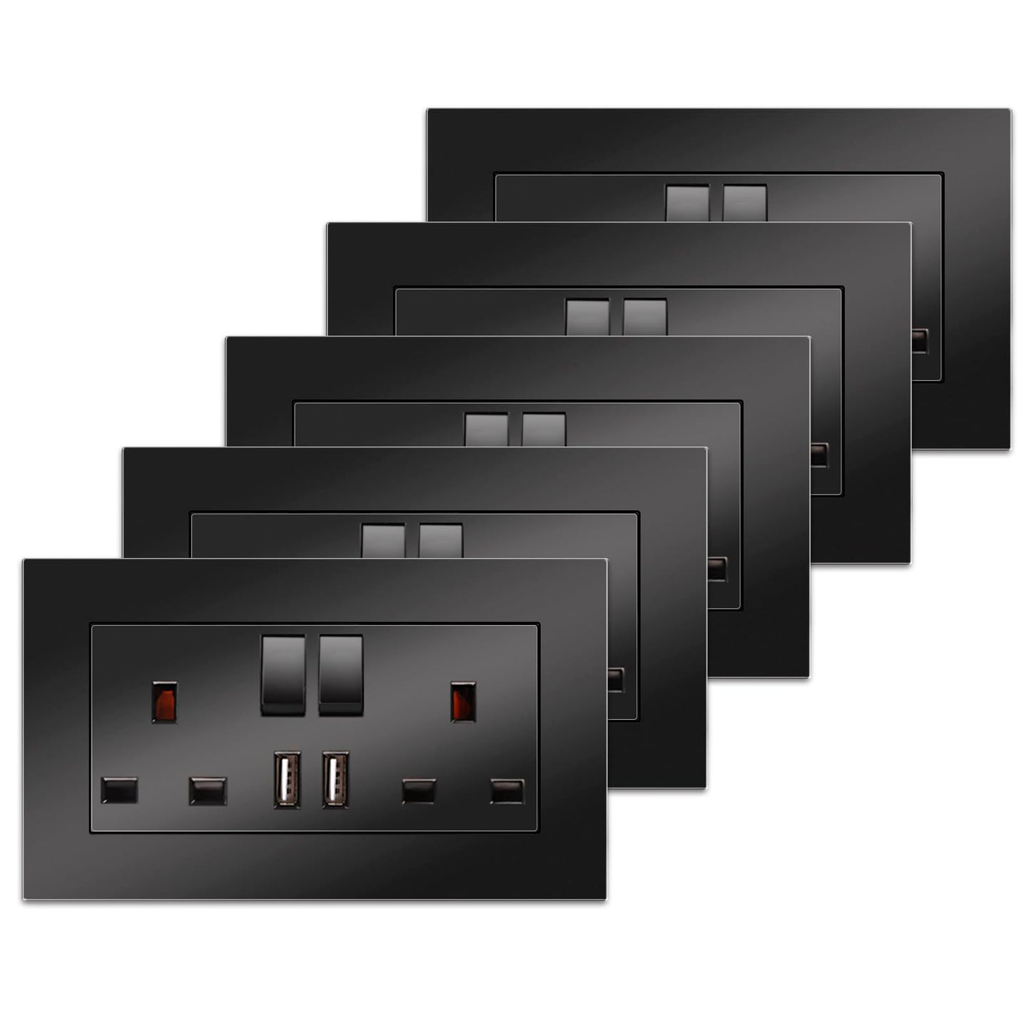 5 Pack CNBINGO Double Switched Socket with 2 USB Charging Ports, 2 Gang 13 Amp Electric Power Socket, Black PC Plate Wall Outlet