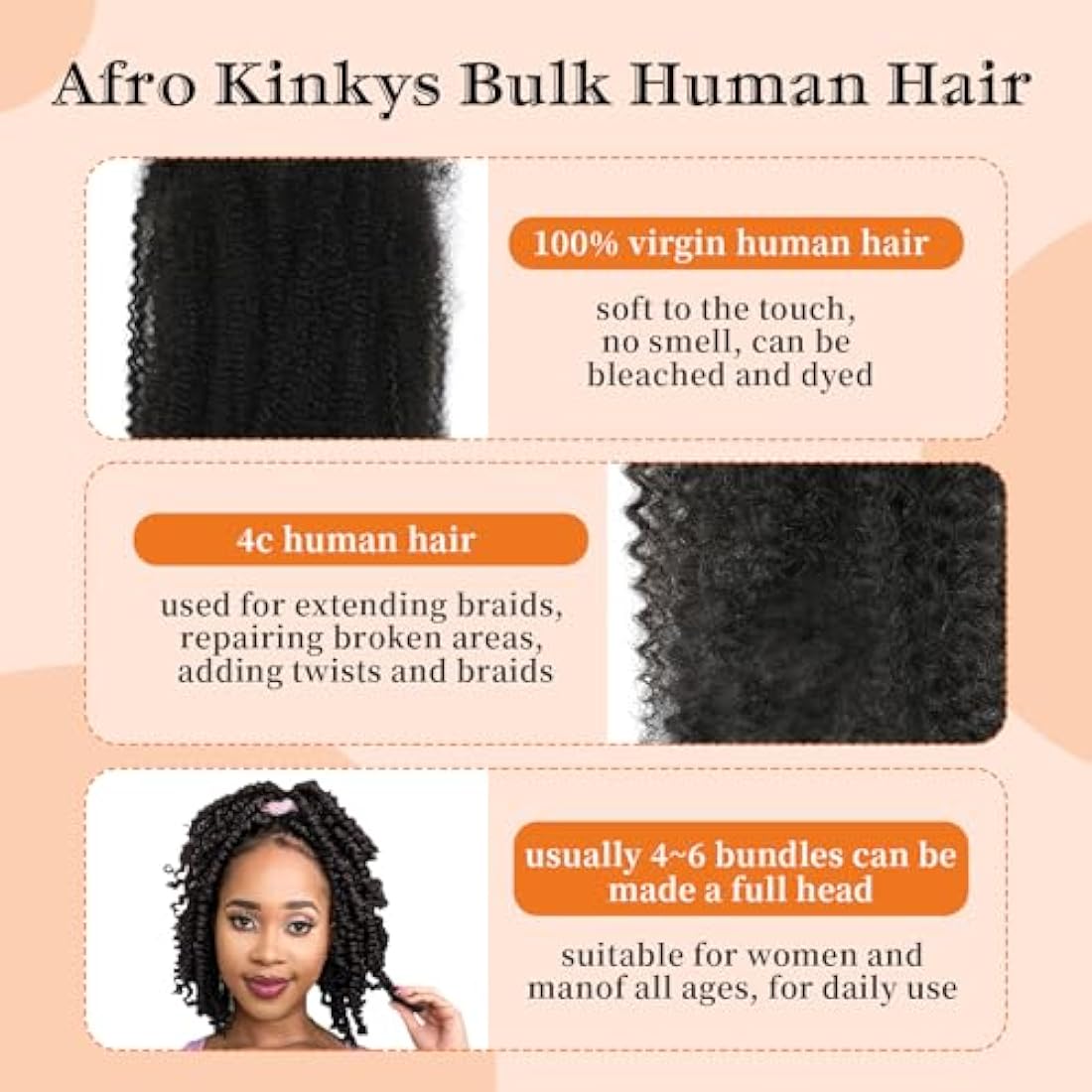 Yacurcur Afro Kinkys Bulk Human Hair 50g/Pack Braiding Hair for Dreadlocks Extensions,Loc Repair,Twist Braiding No Short Hair 4C Afro Kinky Human Hair Natural Black (14 Inch)