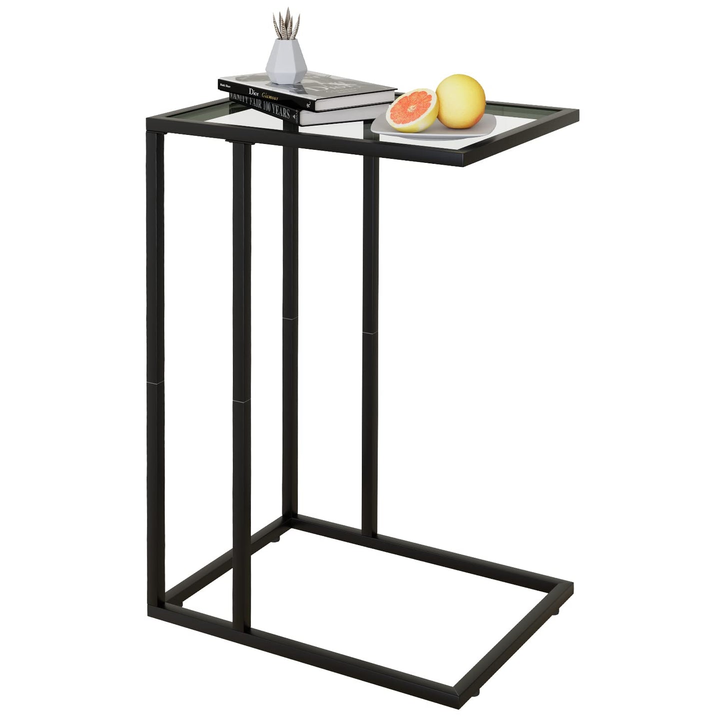 Huhote C Shaped End Table, Glass Side Table for Couch, Sofa Table with Metal Frame, Couch Table for Living Room, Bedroom, Bedside, Black