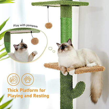 PAWZ Road Cactus Cat Tree Floor to Ceiling Cat Tower with Adjustable Height(229-275cm), 5 Tiers Cat Climbing Activity Center with Cozy Hammock,