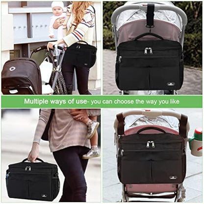 PHILORN Pram Bag, Pushchair Organiser Bag with Insulated Cup Holders, Buggy Organiser with Large Capacity for Baby Essentials Fits for Universal Strollers Like Doona, Ickle Bubba, Adjustable Strap