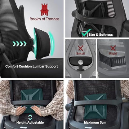 Realm of Thrones CAPTAIN Ergonomic Office Chair for Home, Heavy Duty Steel Base, Versatile Flip-up Armrests, Adjustable Lumbar Support, Mesh Back Comfort Cushion Seat for Computer Desk/Gaming (Black)