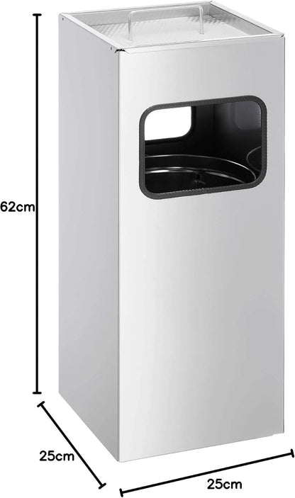 Durable Metal Square Waste Bin Silver With Ashtray Top - Bin Capacity 17 Litres - Ashtray Capacity 2 Litres - Ideal for Sheltered Outdoor Areas