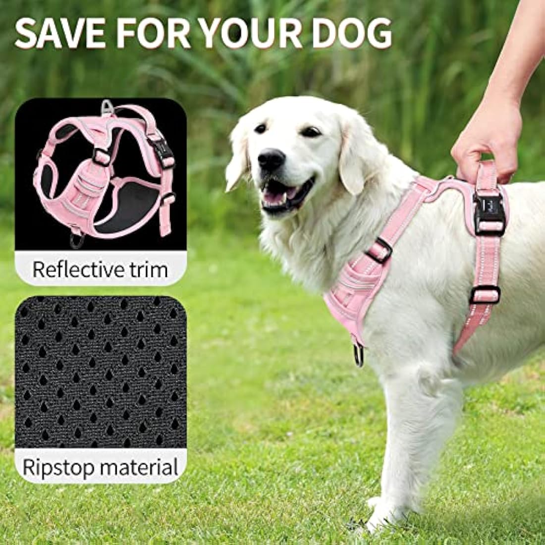 HEELE Dog Harness, Reflective Dog Harness, with Padded Handle Control, 2 Metal Rings, Harness for Small Medium and Large Dogs, Pink, M