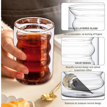 twoant 6 x 400ml Double Walled Glass Coffee Mugs with 6 Spoons,Cappuccino Latte Tea Cups Clear Coffee Cups Borosilicate Heat Resistant Glasses Cups