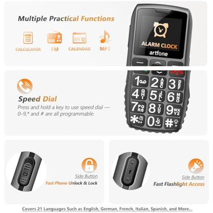 artfone C1+ 4G Big Button Mobile Phone for Seniors | SIM Free Unlocked | Easy-to-Use Basic Phone with Charging Dock, SOS Button & USB-C | Loud Volume | Black