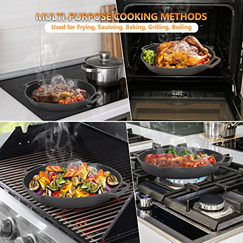 onlyfire Cast Iron Pan Serving Pan Frying Pan Casserole 13.8 inch Pre-Seasoned BBQ Grill Pan for Gas Grill, Charcoal Grill Frying Pan, Pizza Pan, Oven