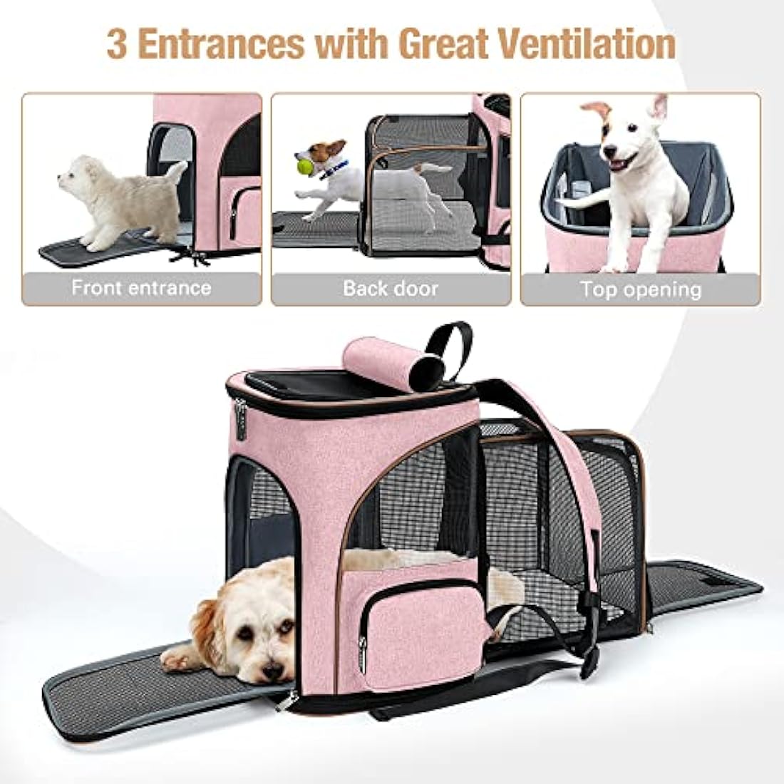 Lekesky Expandable Cat Carrier Backpack - Portable Breathable Rucksack for Medium and Small Cats & Dogs, Foldable with Inner Escape-proof Leash and Pet Mat, Supports 25 lbs (Pink)