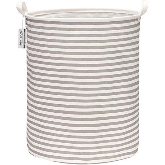 Sea Team 19.7 Inch Large Sized Waterproof Coating Ramie Cotton Fabric Folding Laundry Hamper Bucket Cylindric Burlap Canvas Storage Basket with Stylish Grey Stripe Design