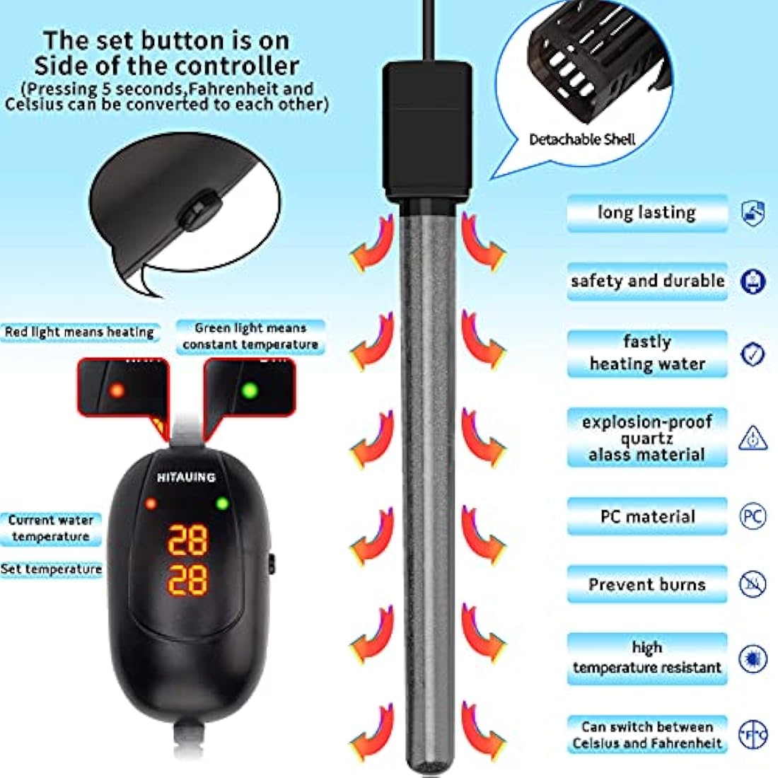 HiTauing Aquarium Heater, 50W/100W/300W/500W Submersible Fish Tank Heater with Over-Temperature Protection and Automatic Power-Off When Leaving Water for Saltwater and Freshwater