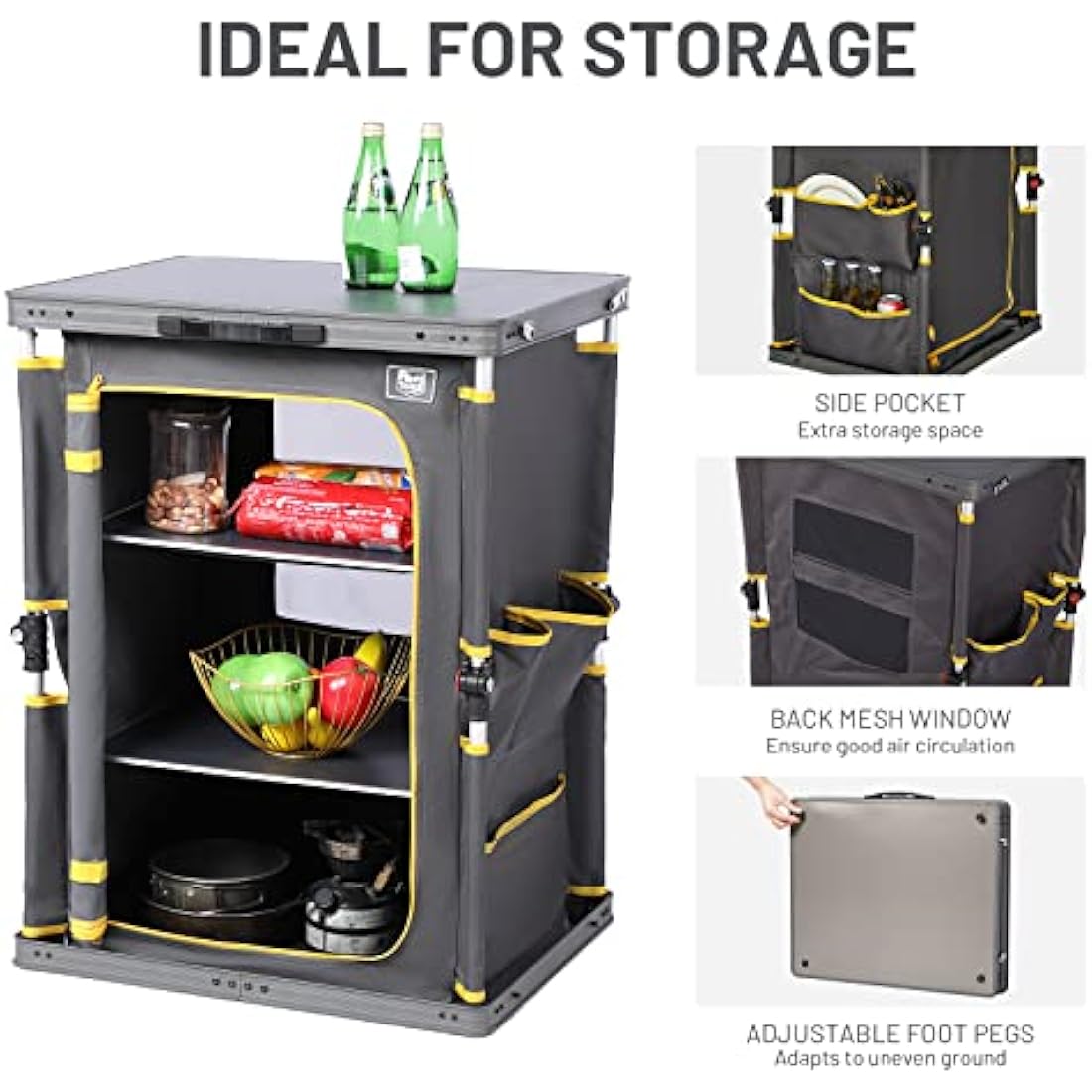TIMBER RIDGE Compact Camping Storage, Pop Up Folding Camping Kitchen Unit, Camping Furniture Camping Cupboards Cabinet Outdoor 3 Shelf Aluminum Frame Portable for Garden Party Picnic, Supports 30kg