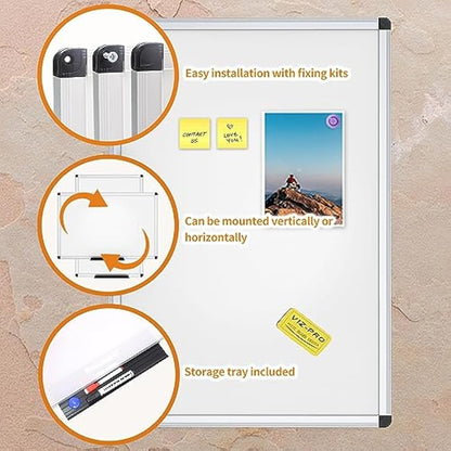 VIZ-PRO Magnetic Whiteboard 60 x 45 cm, Dry Erase White Board with Pen Tray, Silver Aluminium Frame, Dry Wipe Writing Board for Office, Home & School