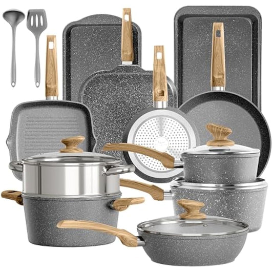 Kitchen Academy 17 Piece Non-Stick Pots and Pans Set, Induction Pan Set, Granite Non-Stick Saucepan Set, Grey