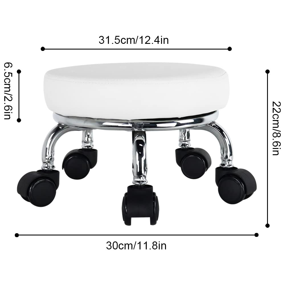 WKWKER Roller Seat PU Leather Low Round Rolling Stool Small Chair with Universal Swivel Caster Wheels for Home Office Garage Shop Fitness