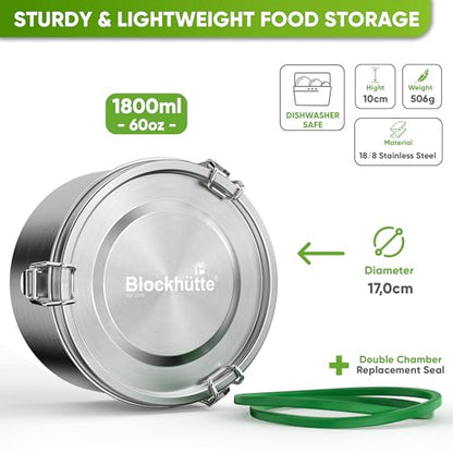 Blockhtte Stainless Steel Lunch Box, Round I 1800ml with Spork I Tiffin, Stainless Steel Food Containers Leakproof  Bento Metal Lunch Box for Adults