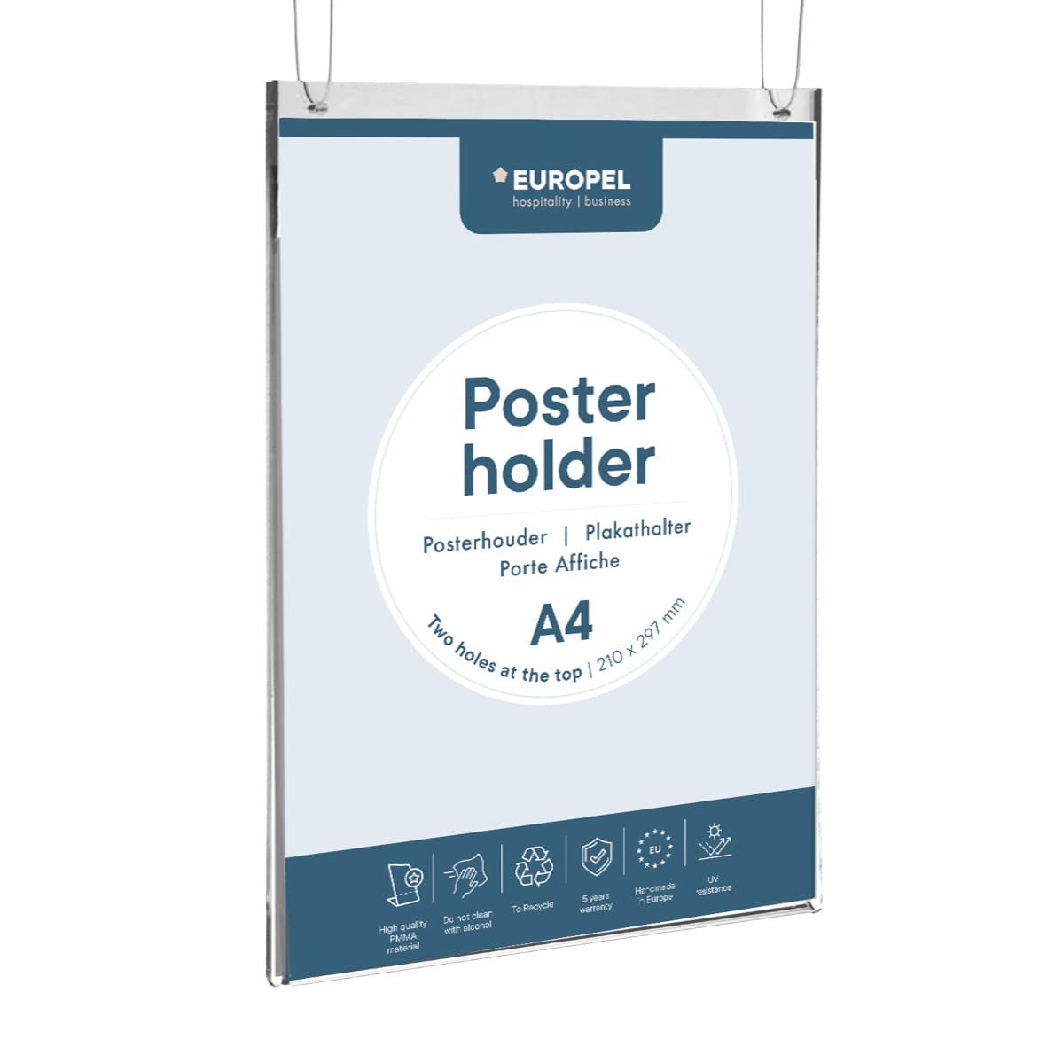 EUROPEL A4 Acrylic Table Display Stand – Double Sided, 2 Hanging Eyelets, Crystal Clear, Tilted Back, for Office, Restaurant and Hotel