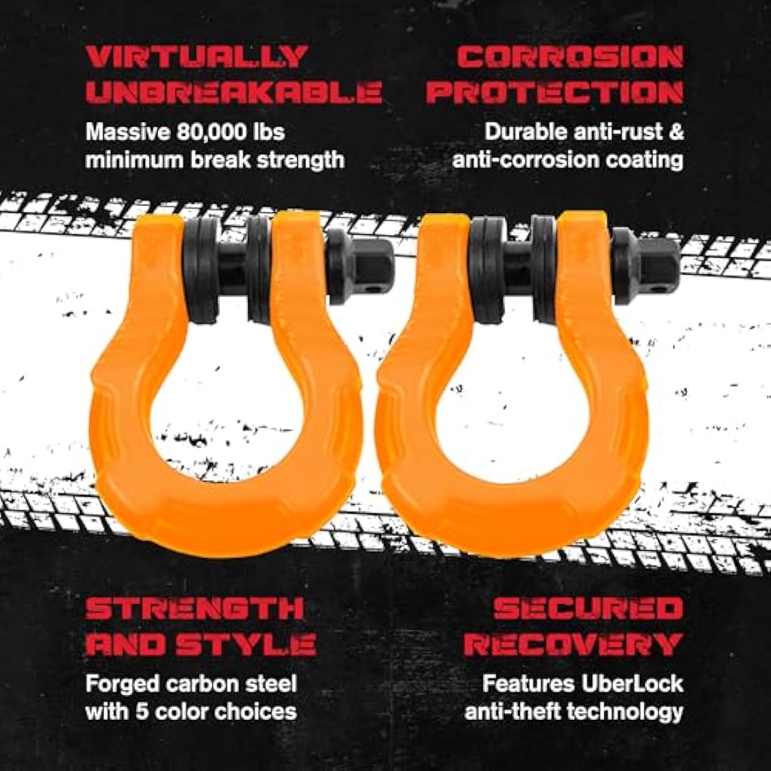 GearAmerica UBER Shackles with Anti Theft Lock (2PK) Orange | 80,000 lbs (40T) Strength | Towing D-Rings + UBERLock Security Pin 7/8" + Washers | Connect Tow Strap or Winch Rope for Off-Road Recovery