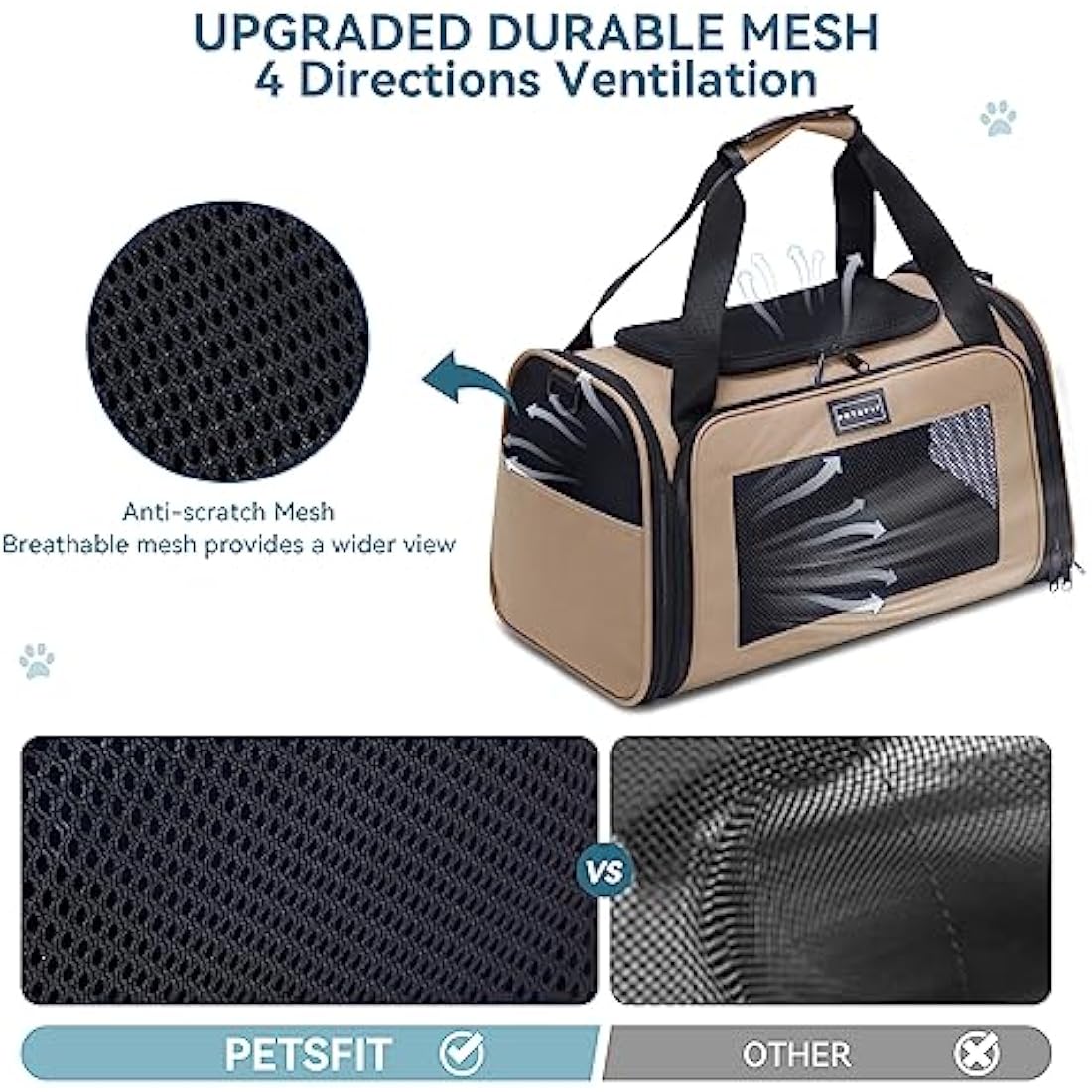 PETSFIT Dog Travel Carrier for Small Dogs with Extendable Fleece Pet Mat, Puppy Dog Carrier with Safety Leash for Pets Up to 25 Lbs (50 * 33 * 33CM, Khaki)
