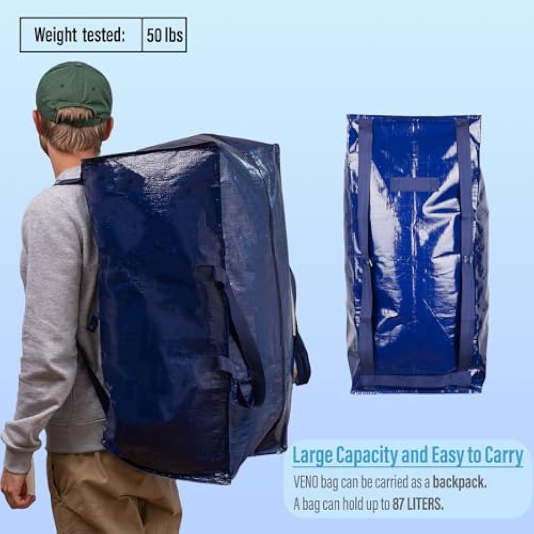 VENO 4 Pack Moving Bags Heavy-Duty Extra Large W/Backpack Straps, Moving House Essentials, Strong Handles & Zips, Clothes Storage, Packing, Laundry Bags, Reusable and Sustainable (Blue, 4 Pack)
